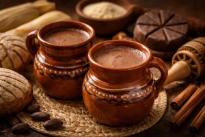 Delicioso atole de chocolate caliente en tazas tradicionales