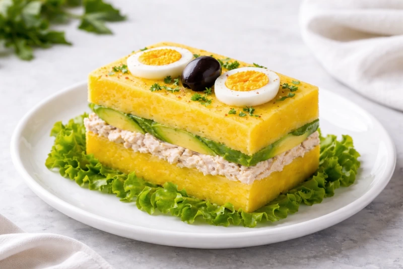 Causa limeña con papa amarilla y relleno de pollo y palta decorada con huevo y aceituna