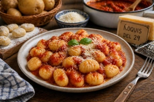 Plato de ñoquis del 29 uruguayos con salsa y queso rallado