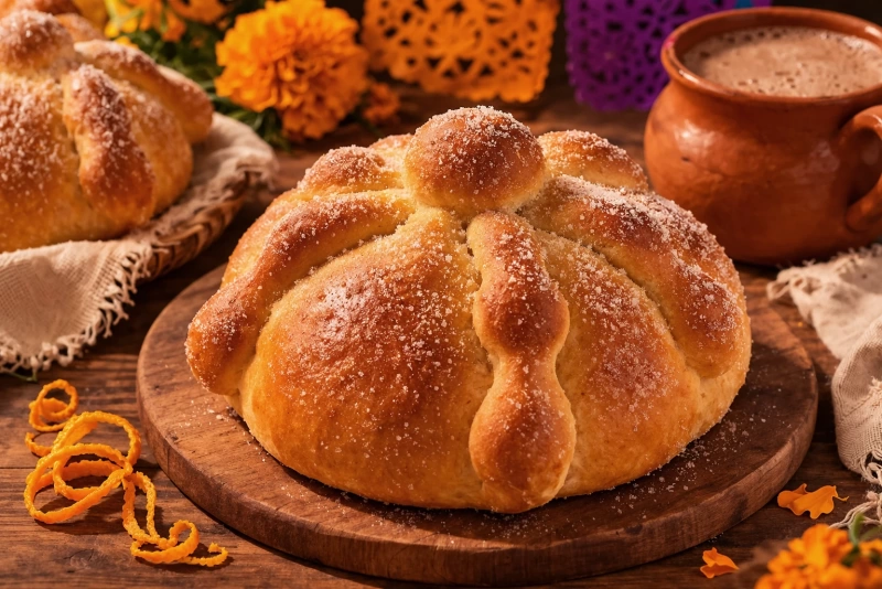 Pan de muerto mexicano tradicional espolvoreado con azúcar