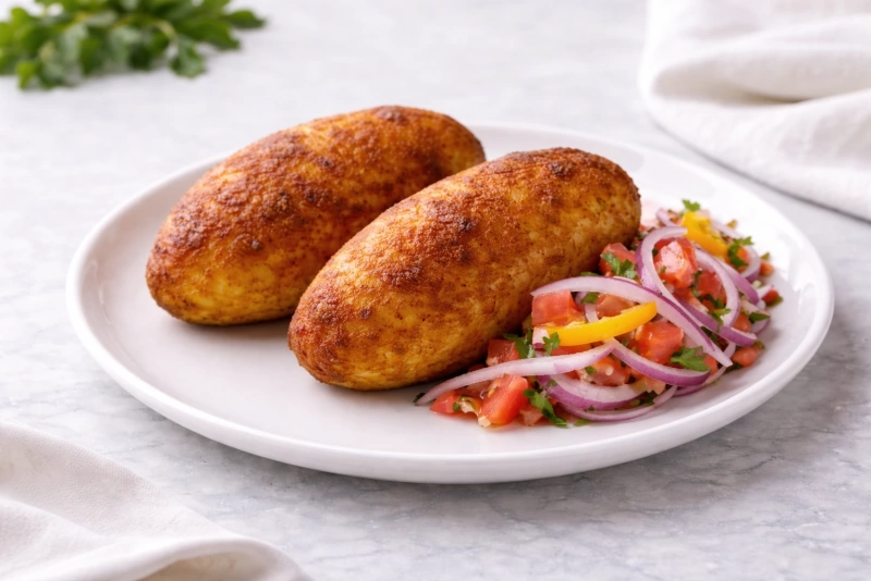 Papa rellena dorada y crujiente rellena de carne sazonada con su salsa criolla