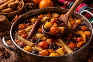 Delicioso ponche navideño mexicano servido en una olla