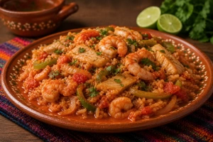 Plato colorido con mariscos arroz rojo y cilantro sobre manto artesanal
