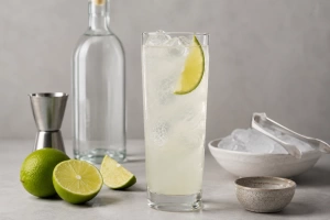 Refrescante chilcano de pisco con rodajas de limón y hielo