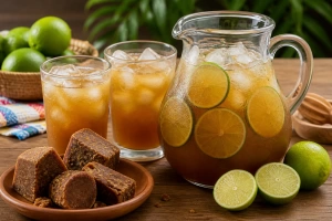 Refrescante bebida de papelón con limón servida en vasos