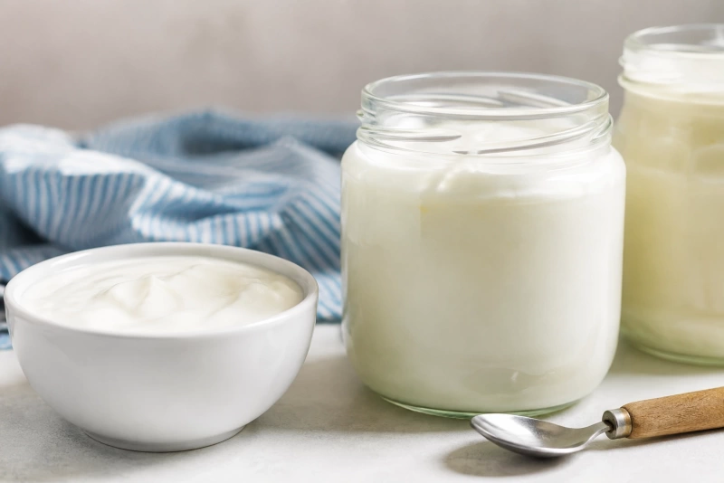 Frasco de vidrio con yogur cremoso y cuchara con mango de madera al lado