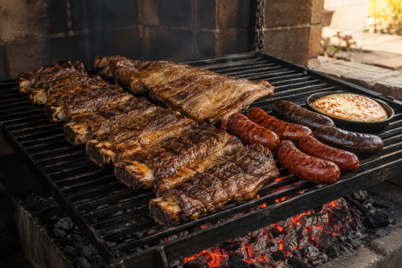 Parrilla con brasas carne jugosa chorizos y morcillas