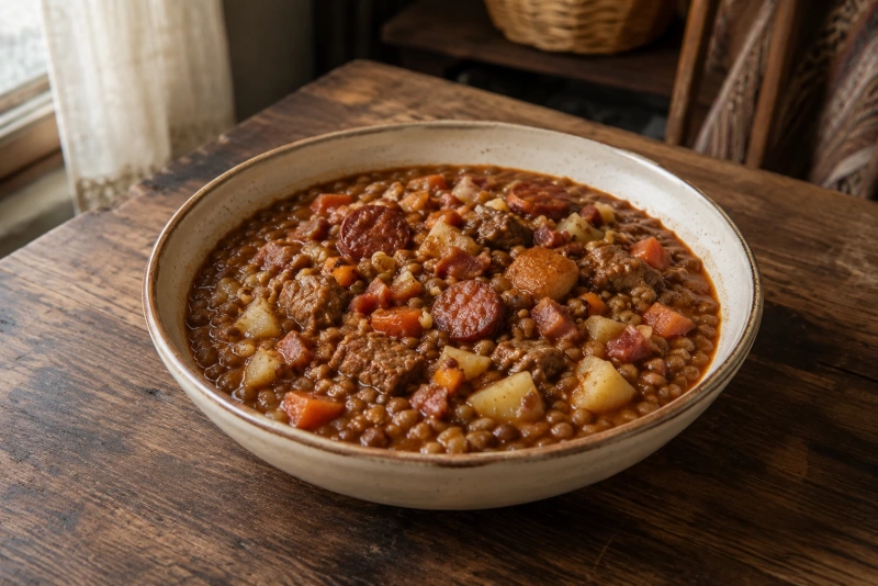 Plato humeante de guiso con lentejas chorizo y vegetales coloridos