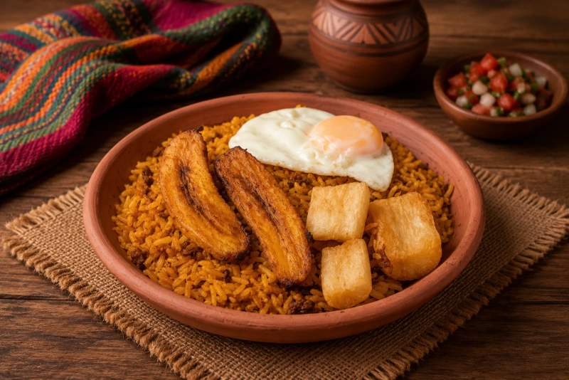 Plato de arroz amarillo con charque, plátano, yuca y huevo frito