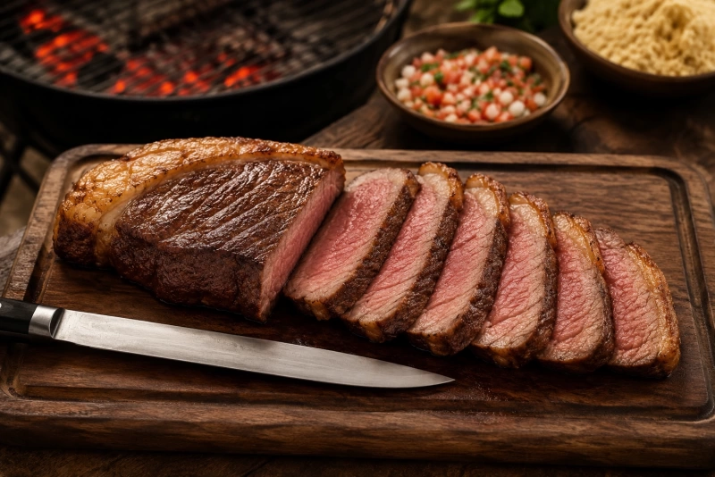 Picanha jugosa asada al carbón con chimichurri y farofa al lado