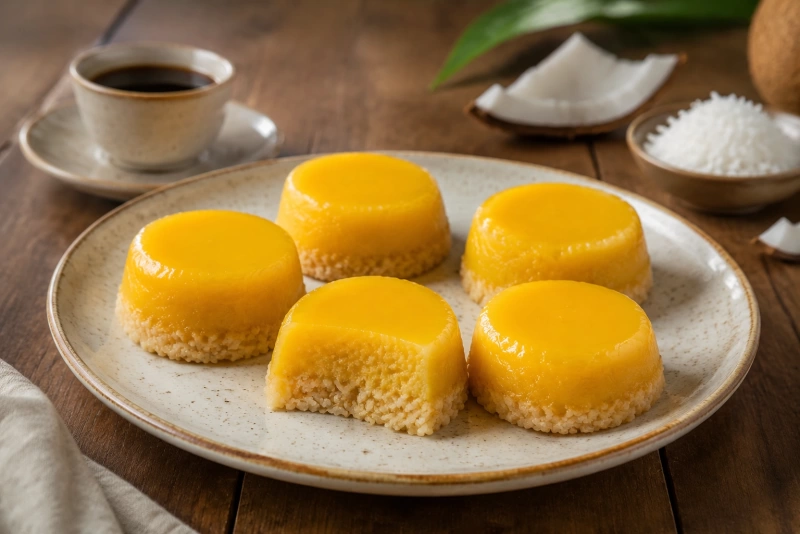quindim amarillo brillante con coco rallado textura suave y cremosa