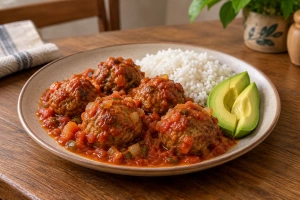 Albóndigas jugosas bañadas en salsa colorida con arroz y aguacate