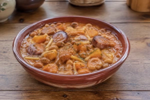 Un plato humeante de porotos con fideos y longaniza cilantro encima